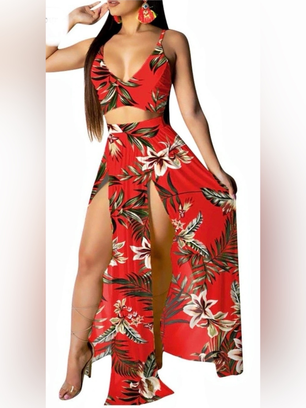 NWOT sexy two-piece maxi dress w/spaghetti-strap crop top and slit skirt